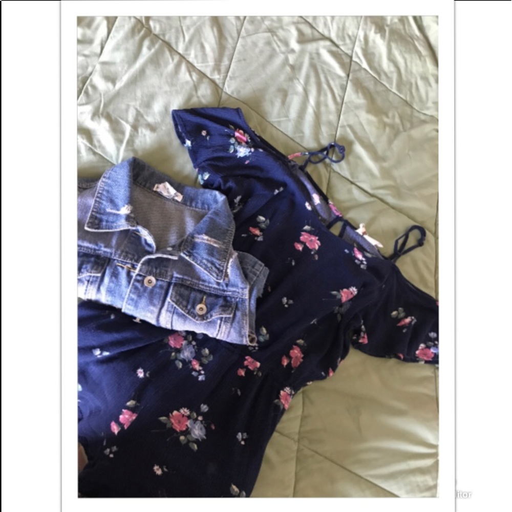 Navy Floral blue Romper  w/ Jean Jacket Vest